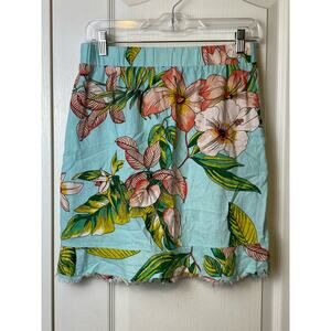 For Cynthia Blue Tropical Linen Blend Frayed Hem Mini Skirt Women's Size Small